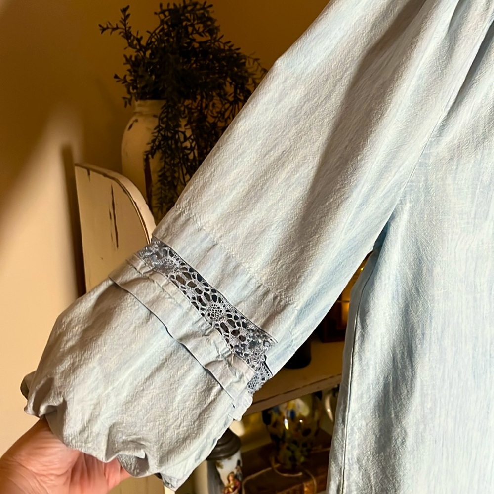 💙Lauren Ralph Lauren Black Label L Denim blue tunic,drawstring collar,lace trim. - Picture 5 of 6